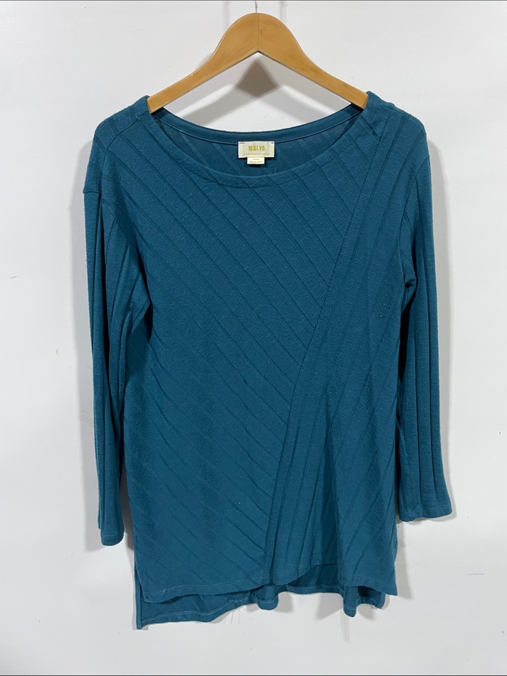 Maeve Teal Diagonal-Rib Long Sleeve Top